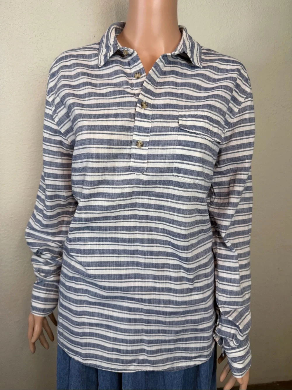 Marine Layer Size Large Blue White Stripe Pullover Collared Shirt Women 100%cott - Picture 4 of 14